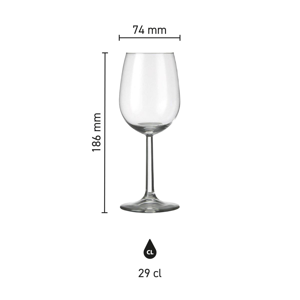 Infographic of glass dimensions of the Bouquet wine glass 29 cl.