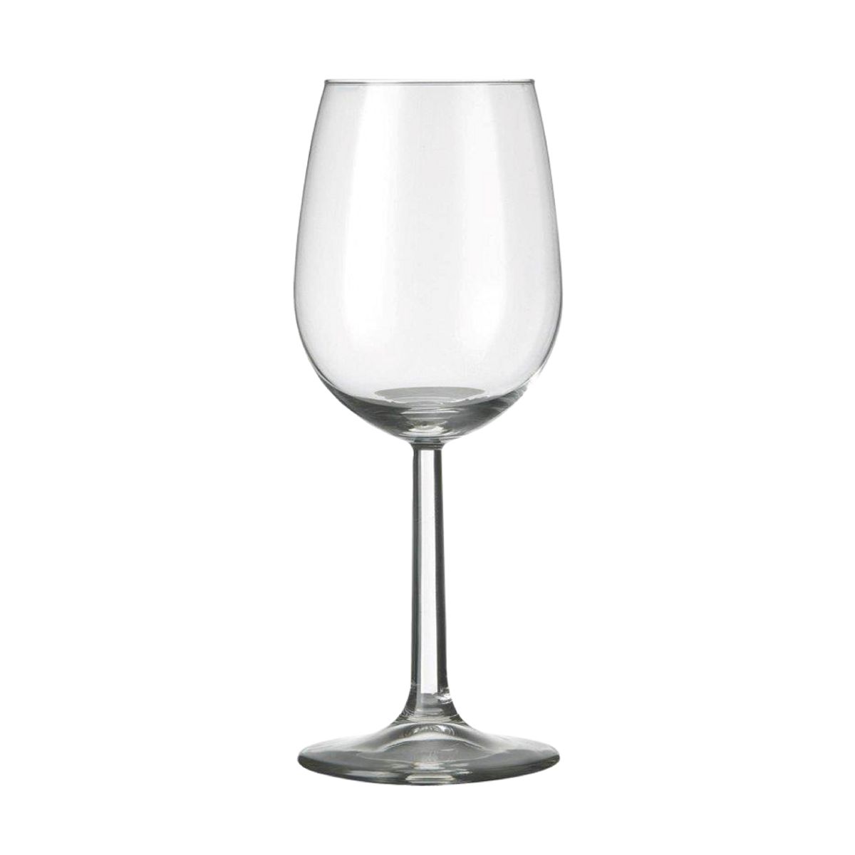 Heldere vooraanzichtfoto van een klassiek Bouquet wijnglas 35 cl. van transparant glas. Heldere vooraanzichtfoto van een klassiek Bouquet wijnglas 35 cl. van transparant glas.