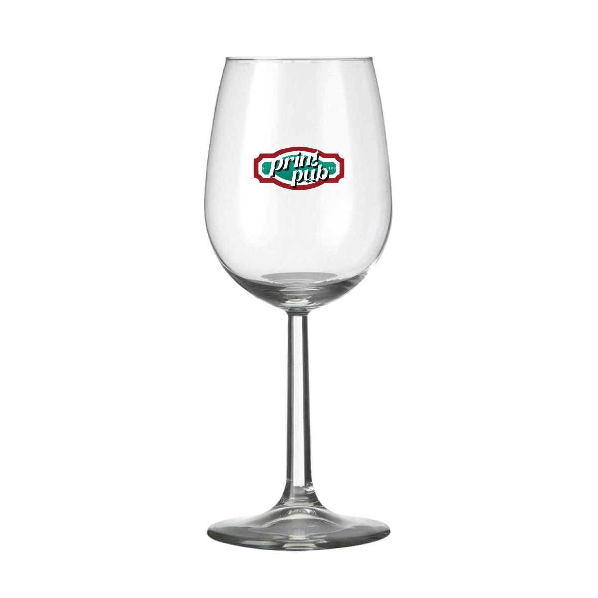 Vooraanzicht van Bouquet wijnglas 35 cl. met full-colour PrintPub-logo op het glas gedrukt.