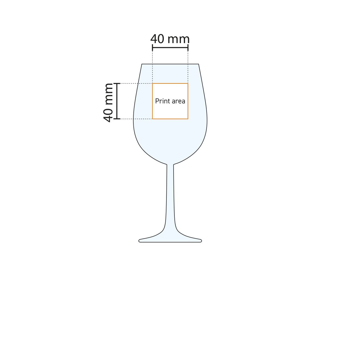Print area display of the Bouquet wine glass 45 cl. with exact positioning of printing.