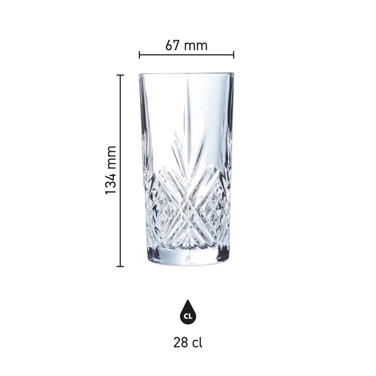 Infographic of the Broadway Long Drink Glass 28 cl. with height and diameter indicated.