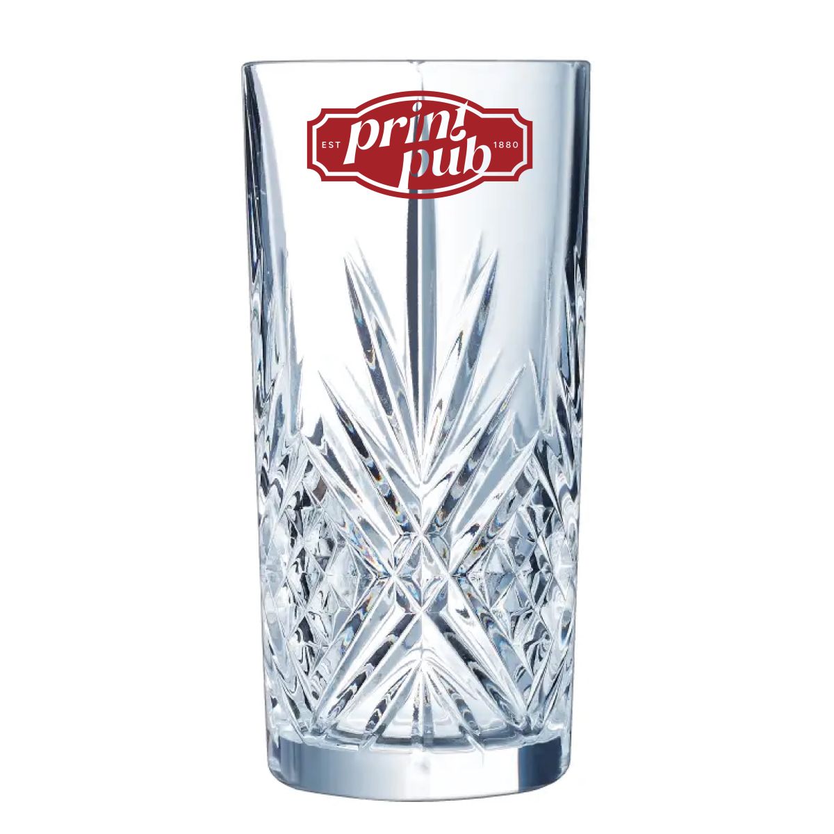 Broadway long drink glass 38 cl. with single-coloured PrintPub logo on front, on clear glass.