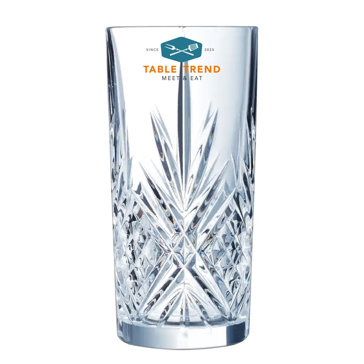 Broadway long drink glass 38 cl. printed with multicoloured TableTrend logo on the front of the glass.