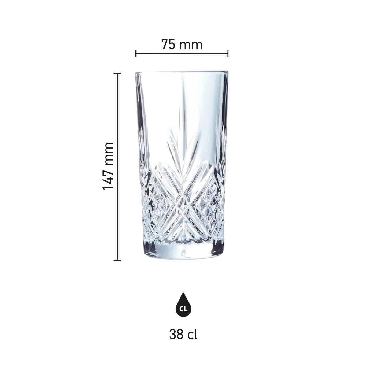 Infographic showing dimensions of Broadway long drink glass 38 cl, shown in millimetres.