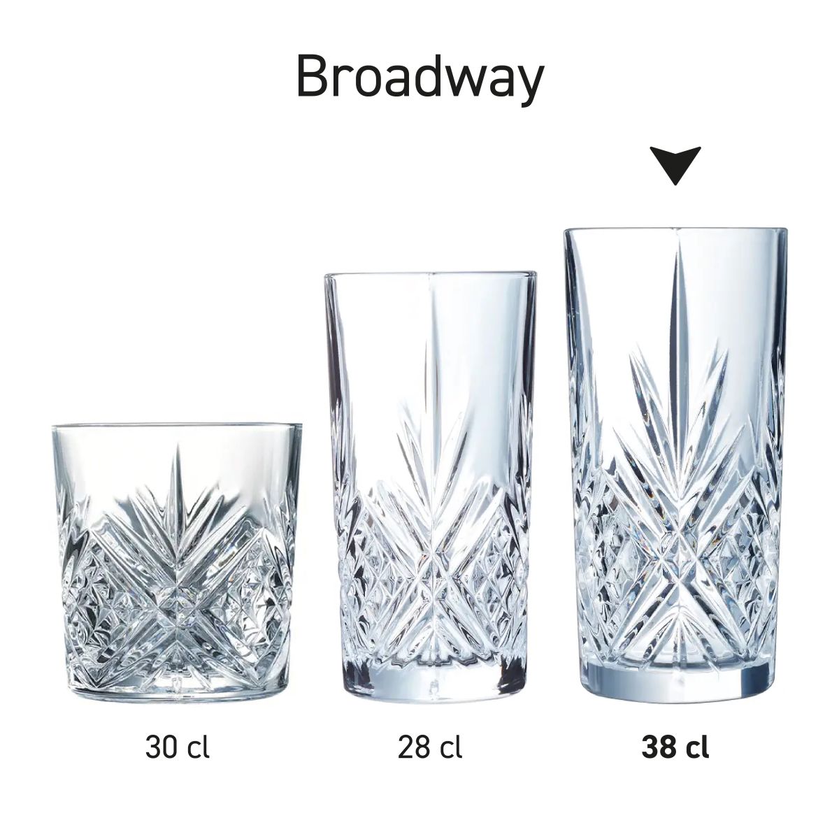 Series of Broadway long drink glasses in similar arrangement as series shown.