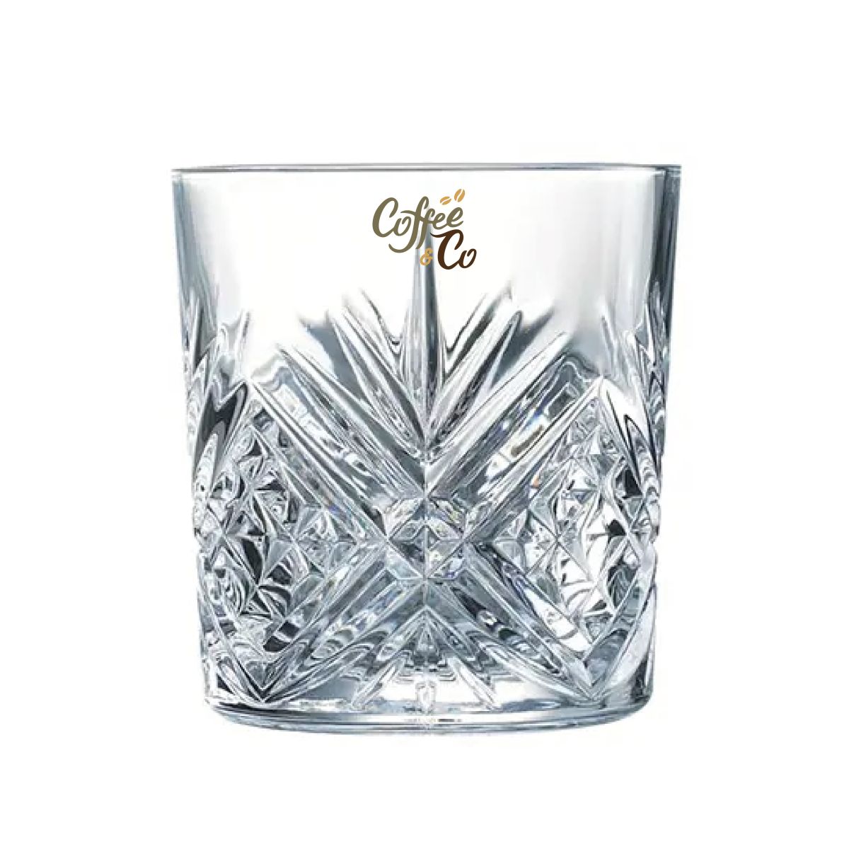 Voorzijde van Broadway Tumbler 30 cl. glas met meerkleurig CoffeeCo-logo op transparant glas.