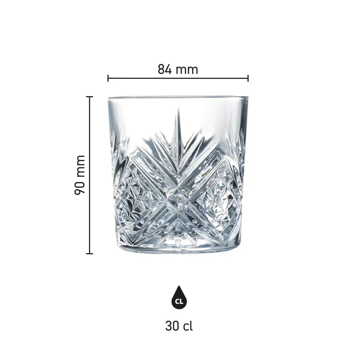 Infographic toont exacte afmetingen van het Broadway Tumbler glas 30 cl. in overzichtelijk schema.