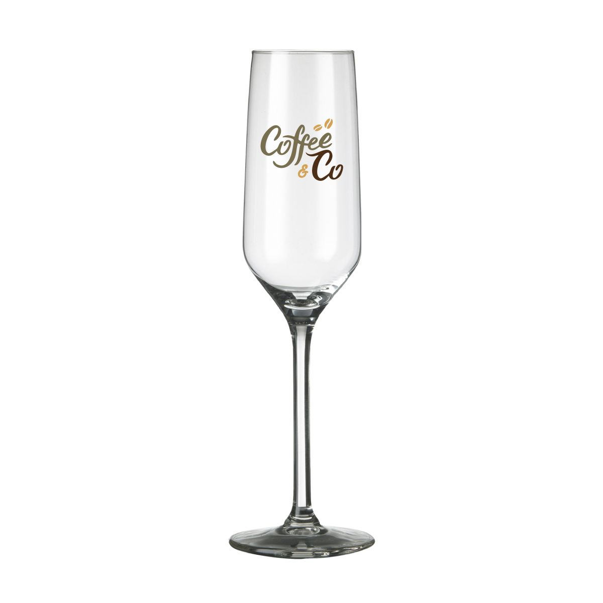 Carre champagneflute 22 cl. met een meerkleurig CoffeeCo-logo op de voorzijde gedrukt.