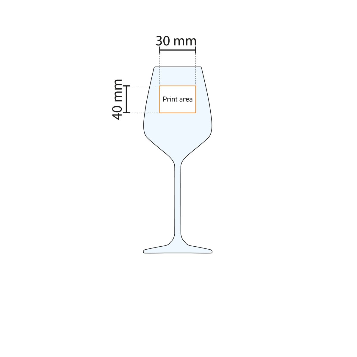 Technical drawing of Carre wine glass 29 cl. with marking of the pressure area.