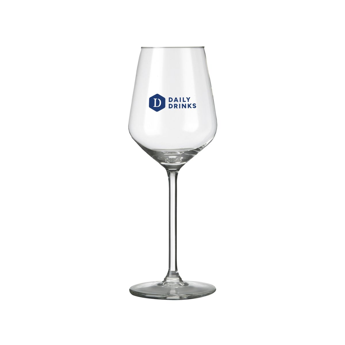 Carre wine glass 29 cl. printed with a single-coloured DailyDrinks logo on the front.