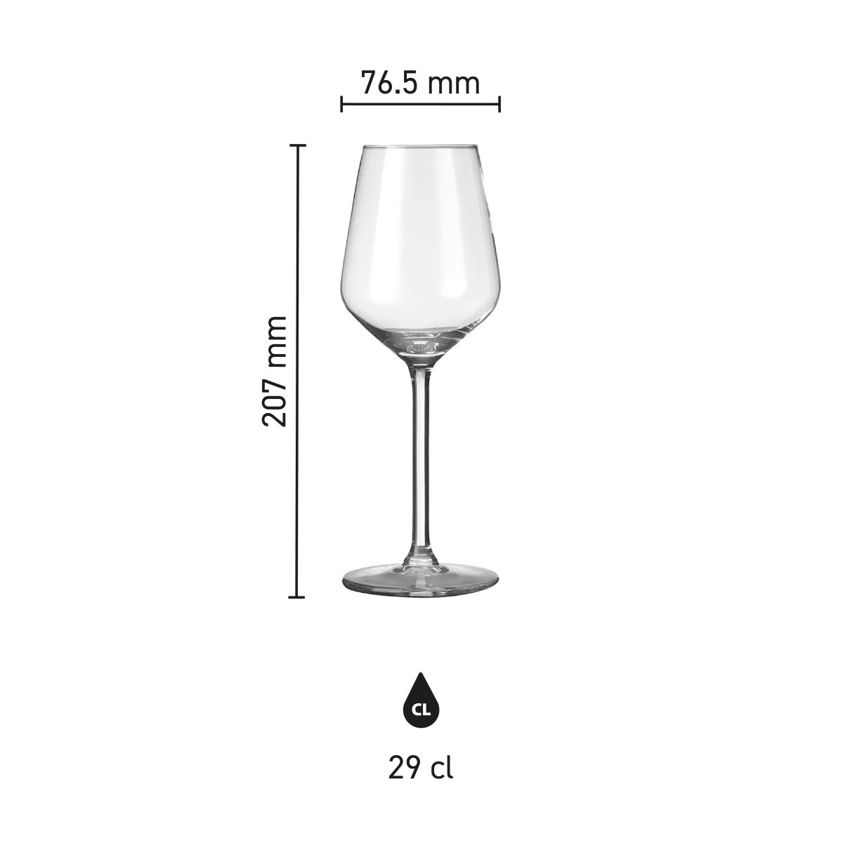 Sizes and proportions of the Carre wine glass 29 cl. visually represented in infographic.