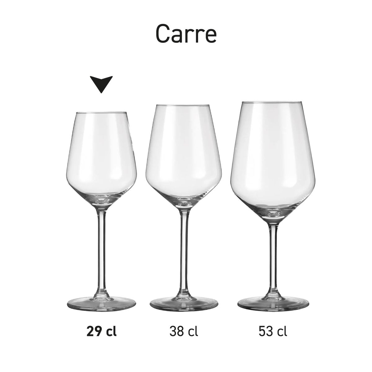 Series of Carre wine glasses presented as a series, shows variation within the line.