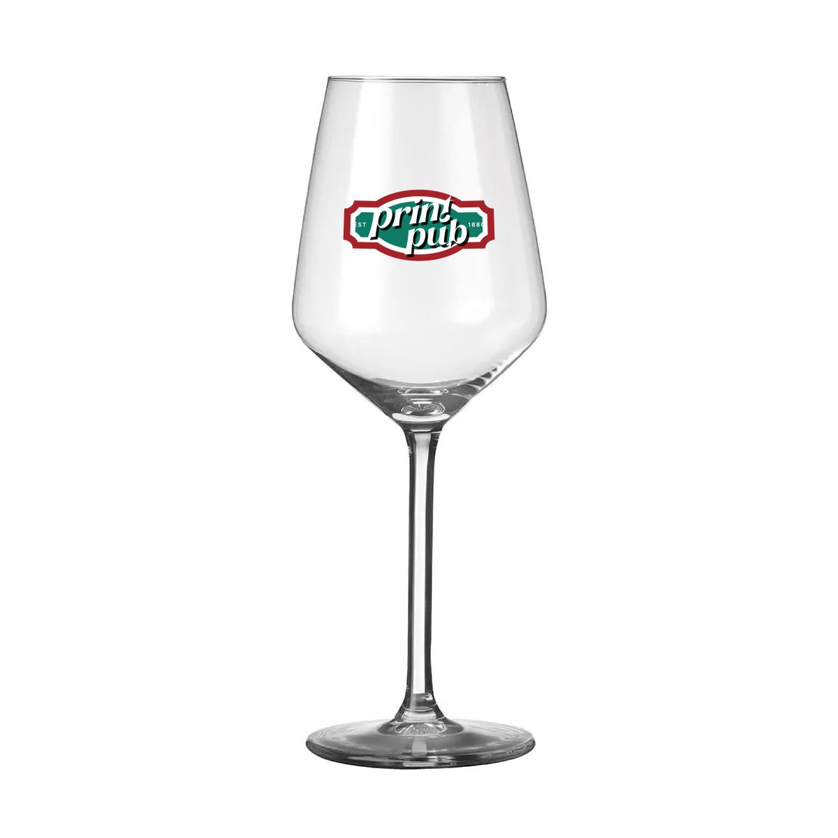 Voorzijde van Carre wijnglas 38 cl. met meerkleurig PrintPub-logo op het glas gedrukt.
