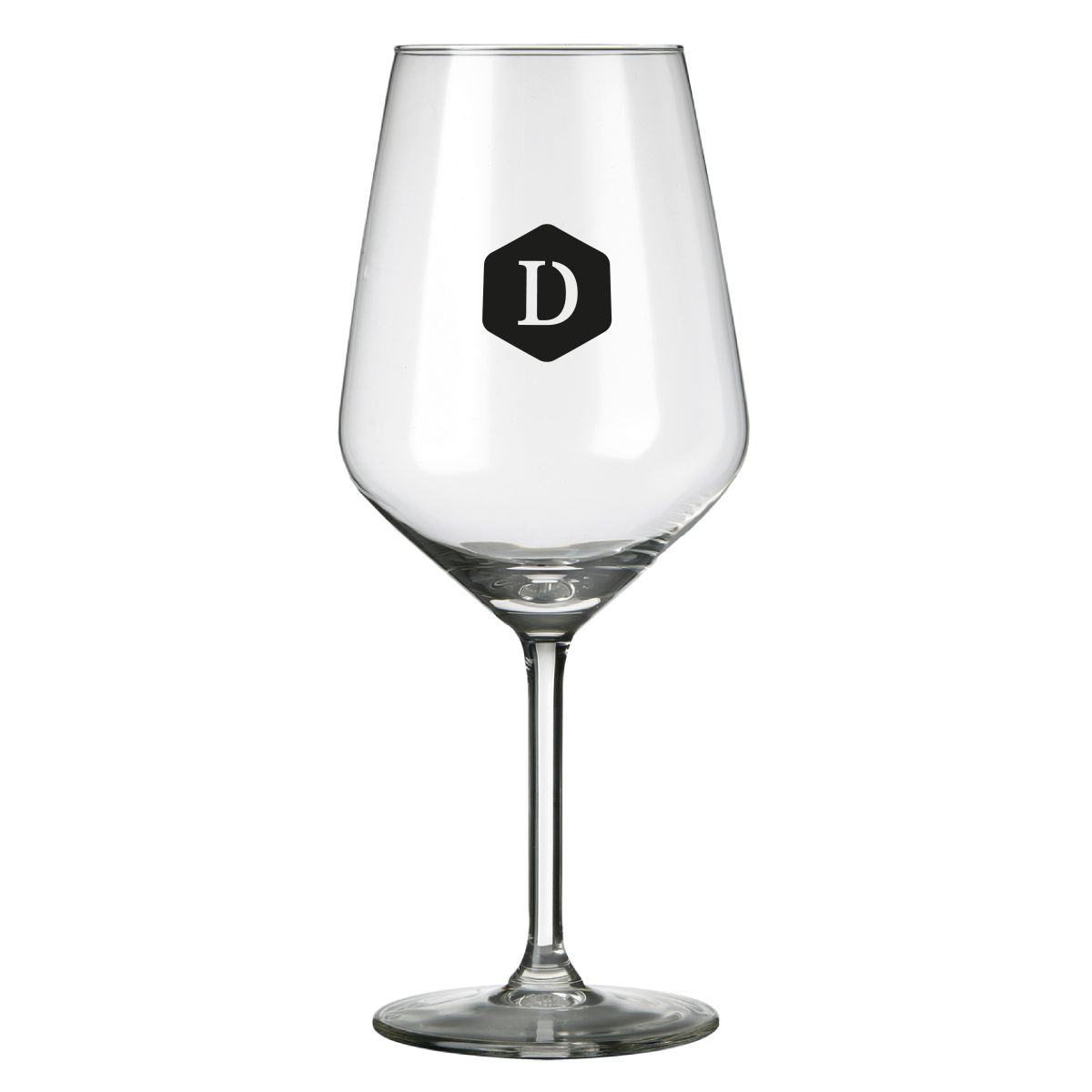 Carre wijnglas 53 cl. bedrukt met een enkelkleurig DailyDrinks-logo op het voorvlak.