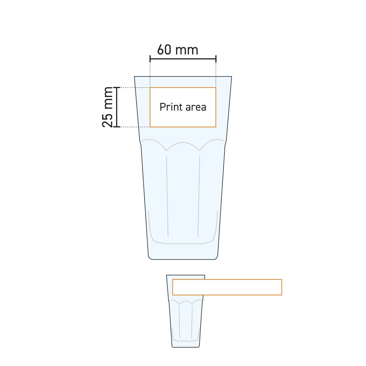 Detailed working drawing of printing area Casablanca Latte High glass 28.5 cl. for printing.