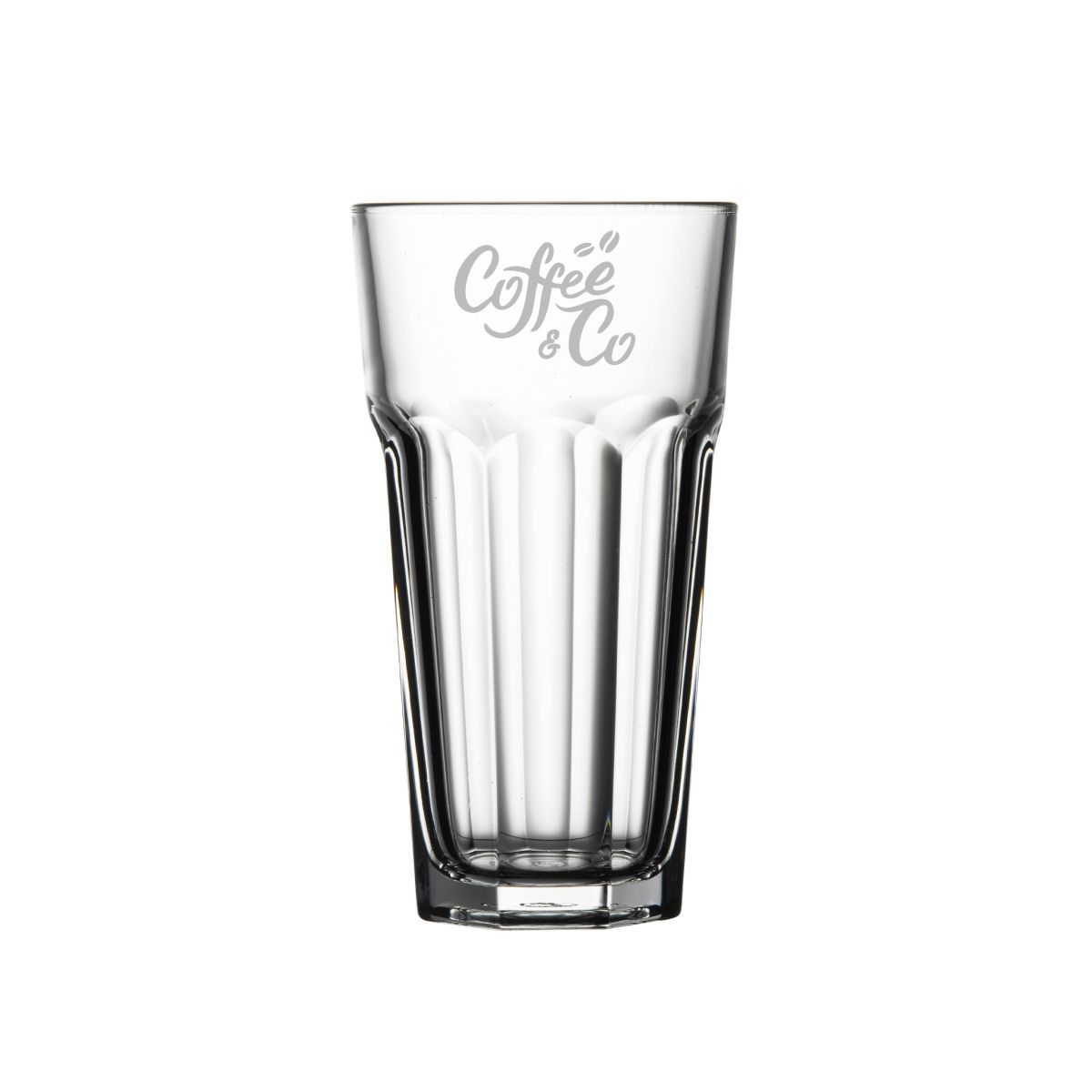 Casablanca Latte High glass 28.5 cl. features engraved CoffeeCo logo on transparent surface.