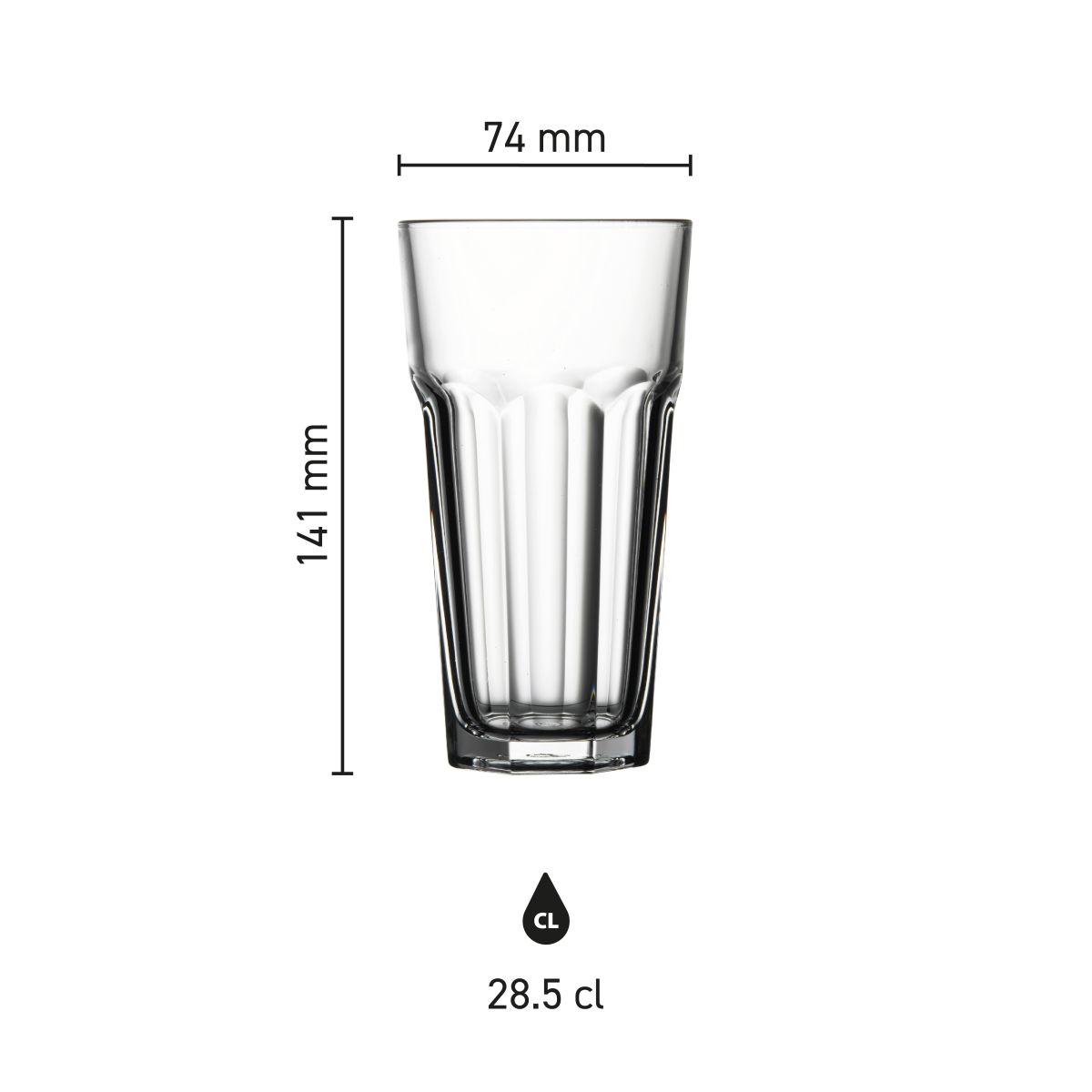 Infographic shows glass dimensions of Casablanca Latte High 28.5 cl. in millimetres and proportions.