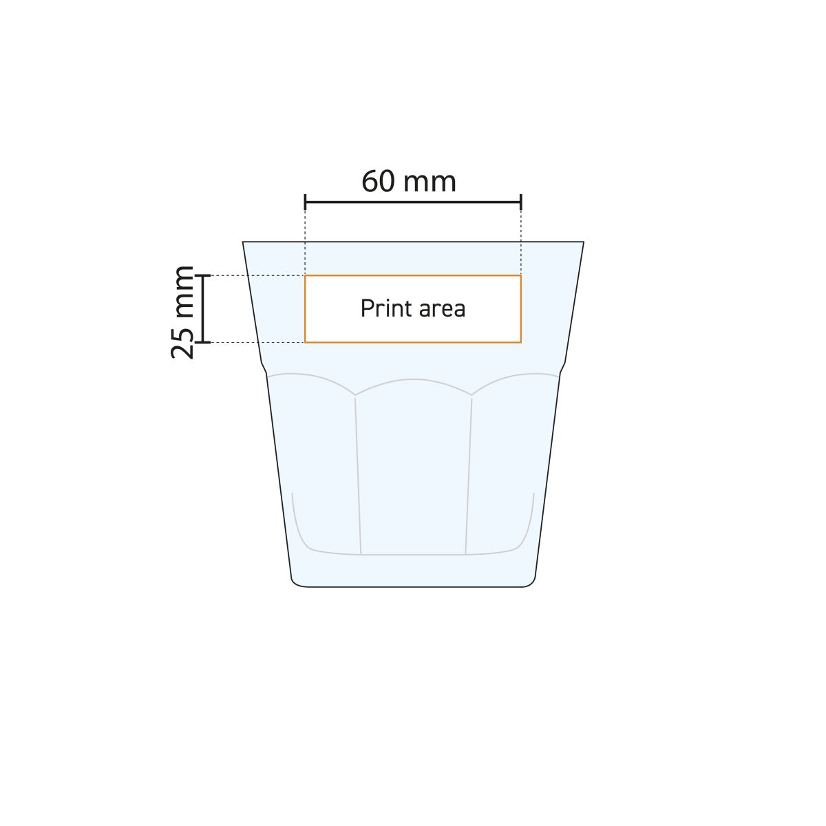 Casablanca Rocks glass 20.8 cl. with print area indication in a technical working drawing.
