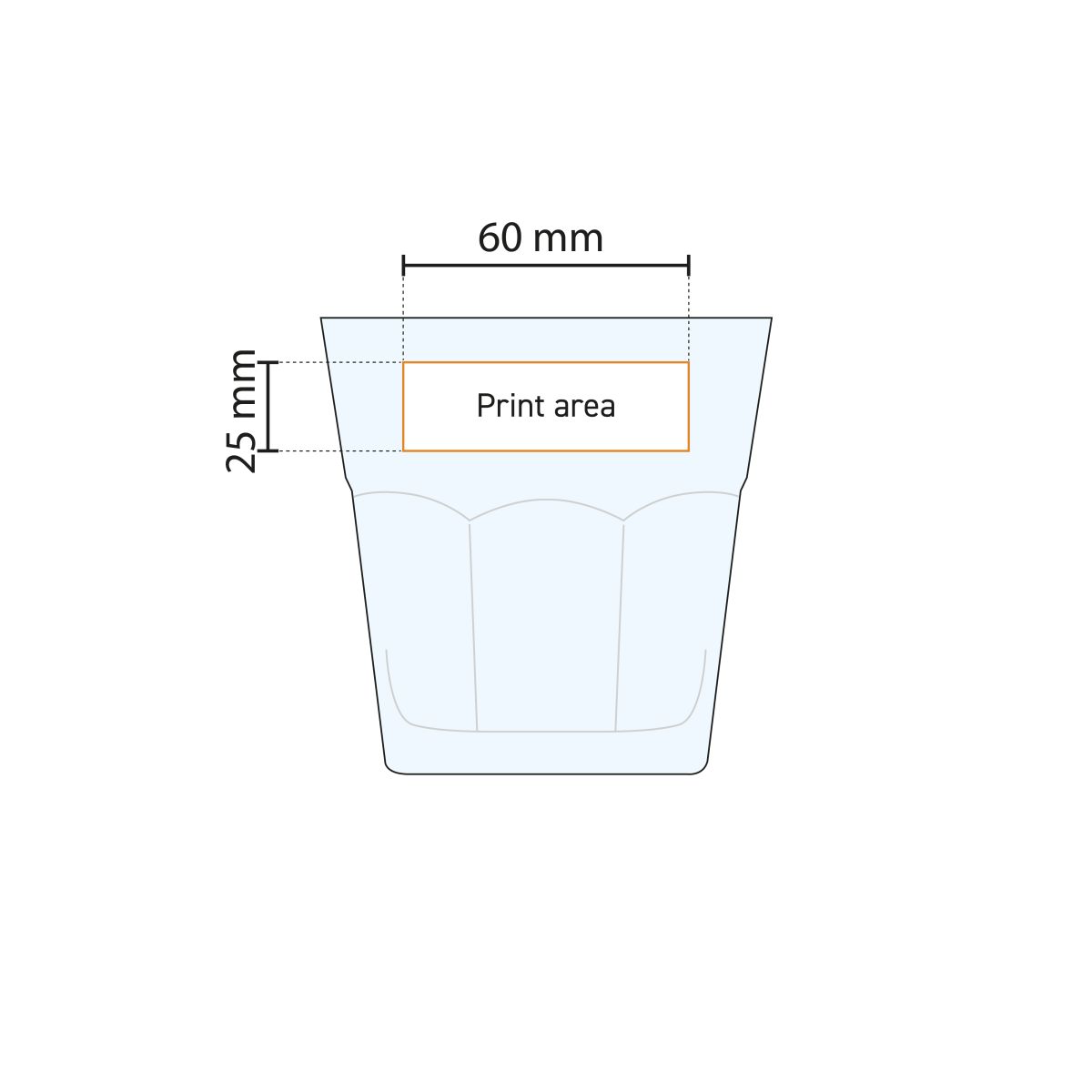 Casablanca Rocks glass 24.5 cl. with printing area indicated in technical working drawing for logo position.