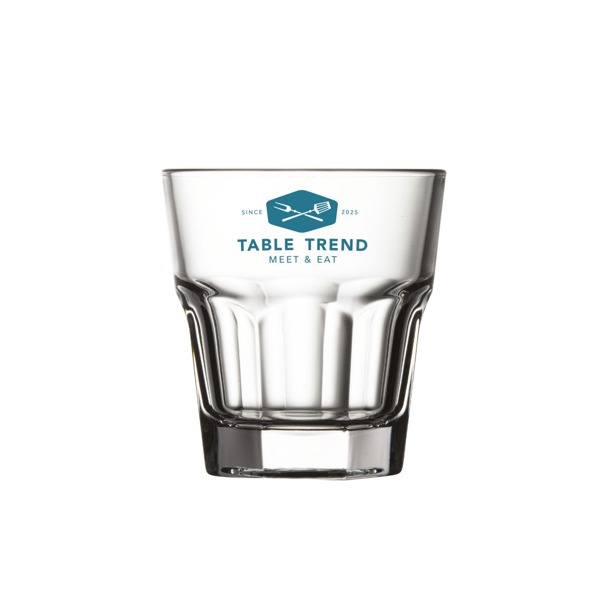 Front view of Casablanca Rocks glass 24.5 cl. with single-coloured TableTrend logo on transparent glass.