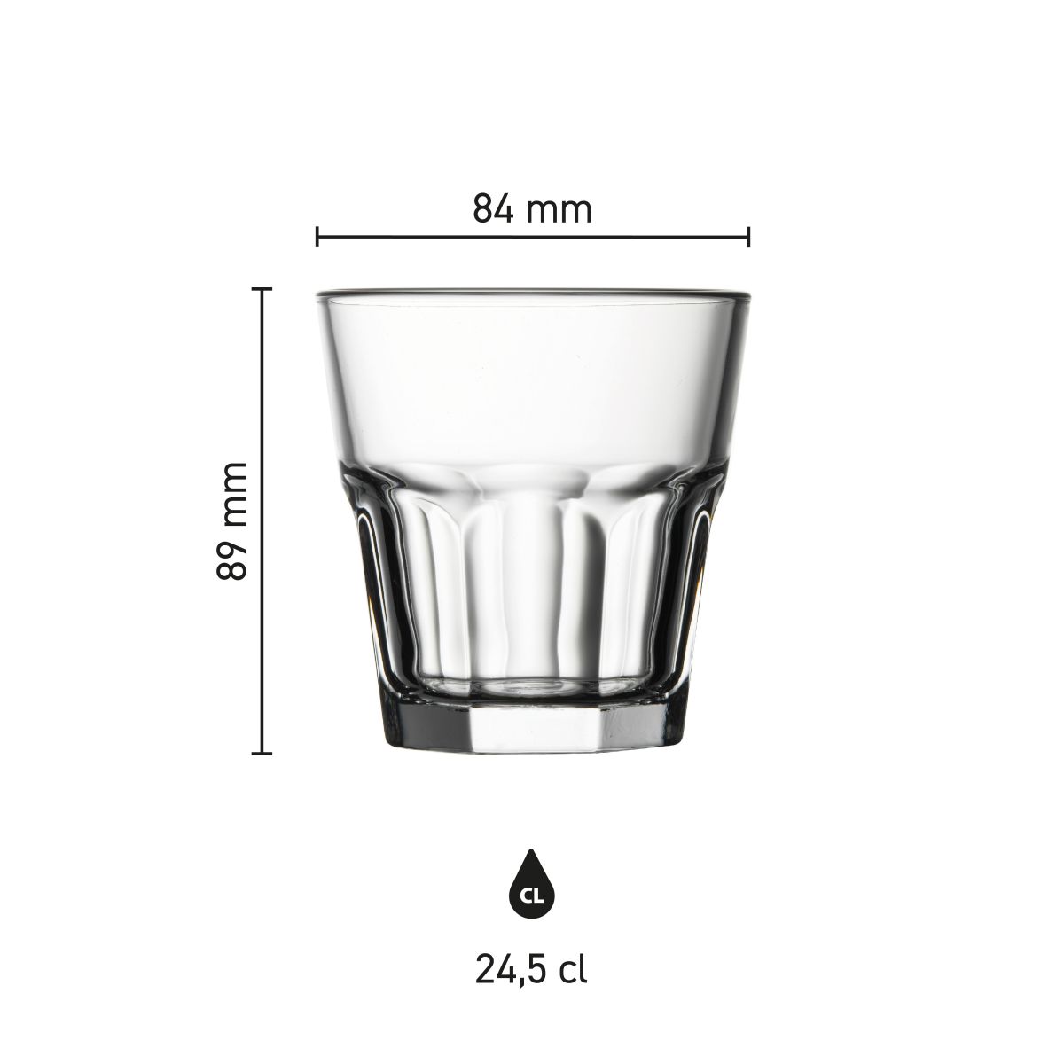 Infographic shows glass size of Casablanca Rocks 24.5 cl. with measurement lines and scale.