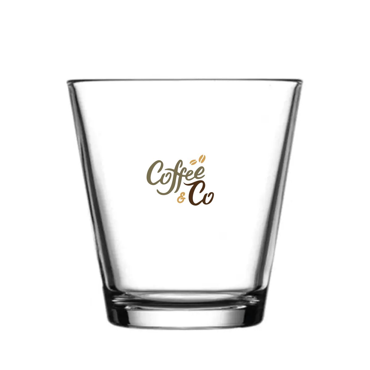 City glass 25 cl. printed with multicoloured CoffeeCo logo on the front of the glass.