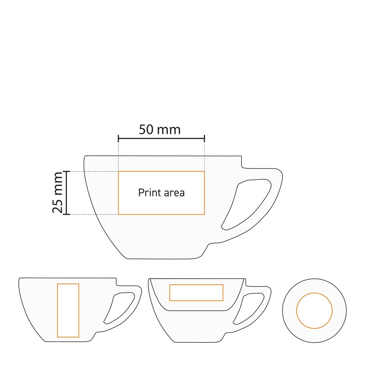 Detailed working drawing with printing area of Classic Cappuccino 20 cl porcelain SET.