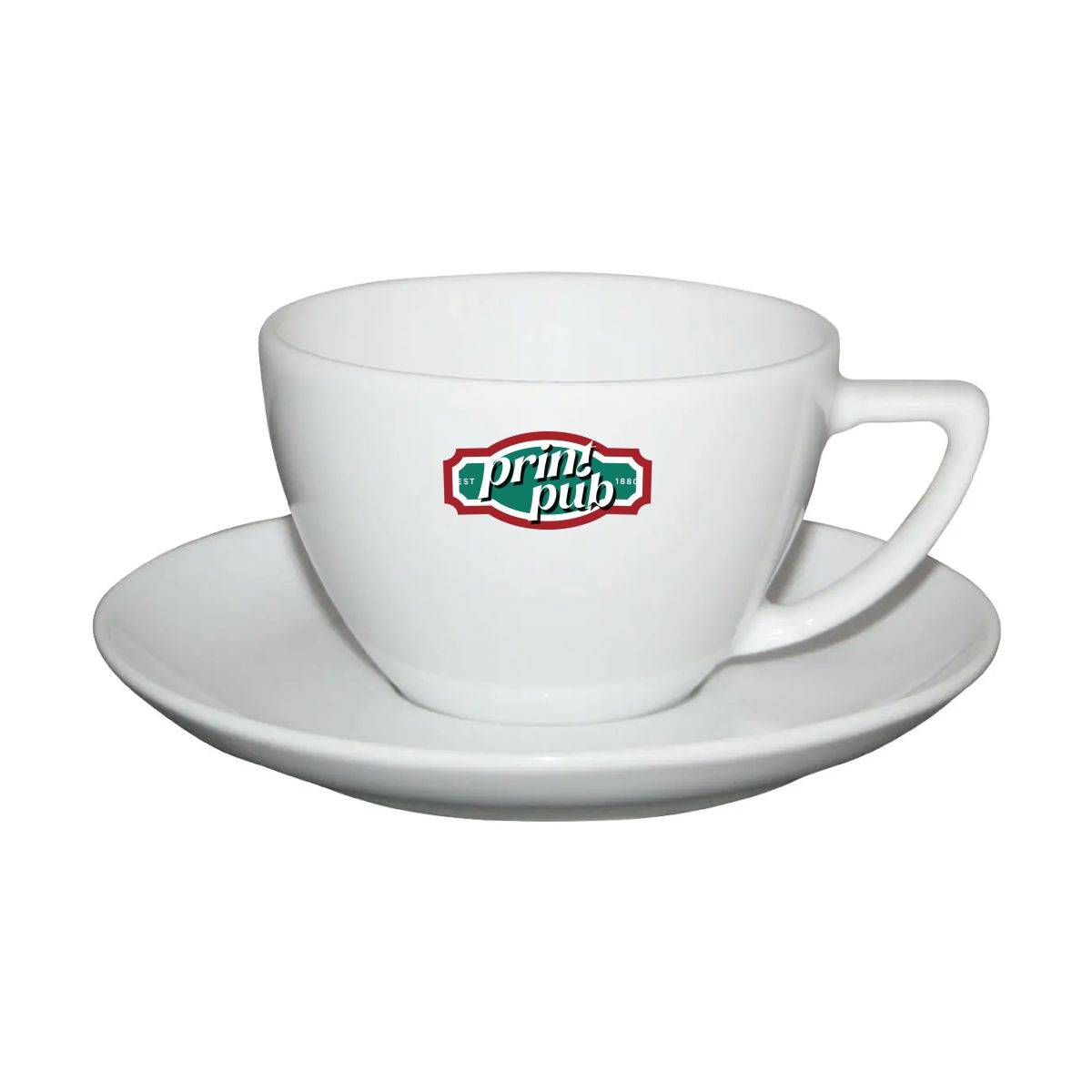 Classic Cappuccino porcelain set 20 cl. with multi-coloured PrintPub logo on the front of the cup.