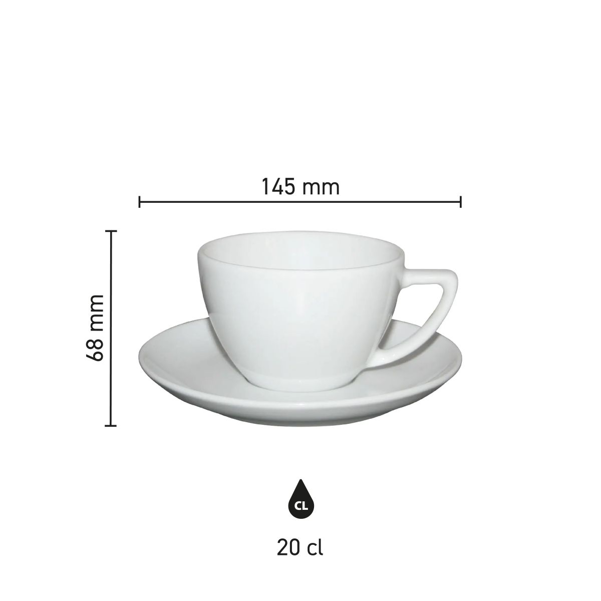 Infographic shows technical dimensions of Classic Cappuccino 20 cl porcelain SET.