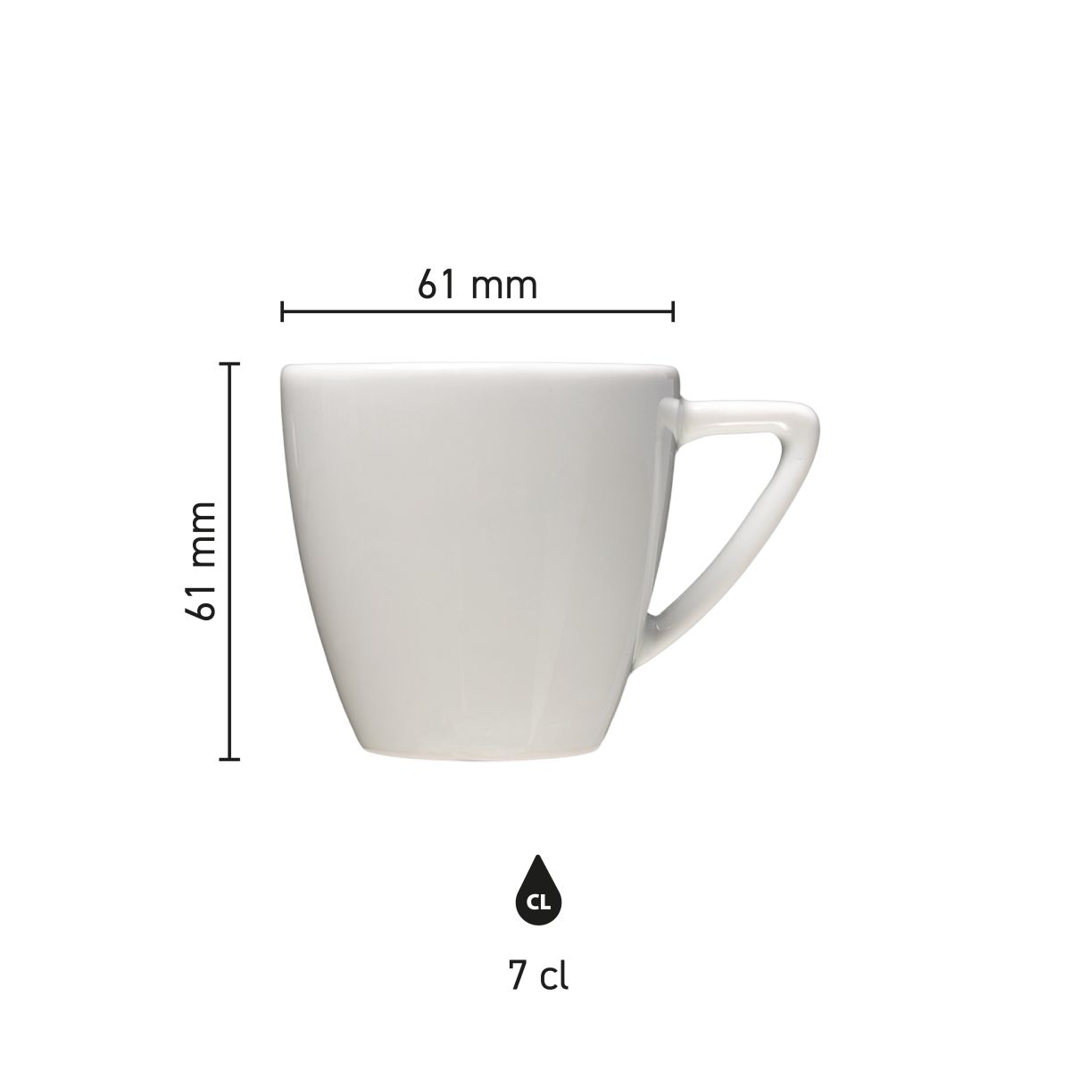 Infographic shows product dimensions of the Classic Espresso cup white 7 cl. in millimetres.