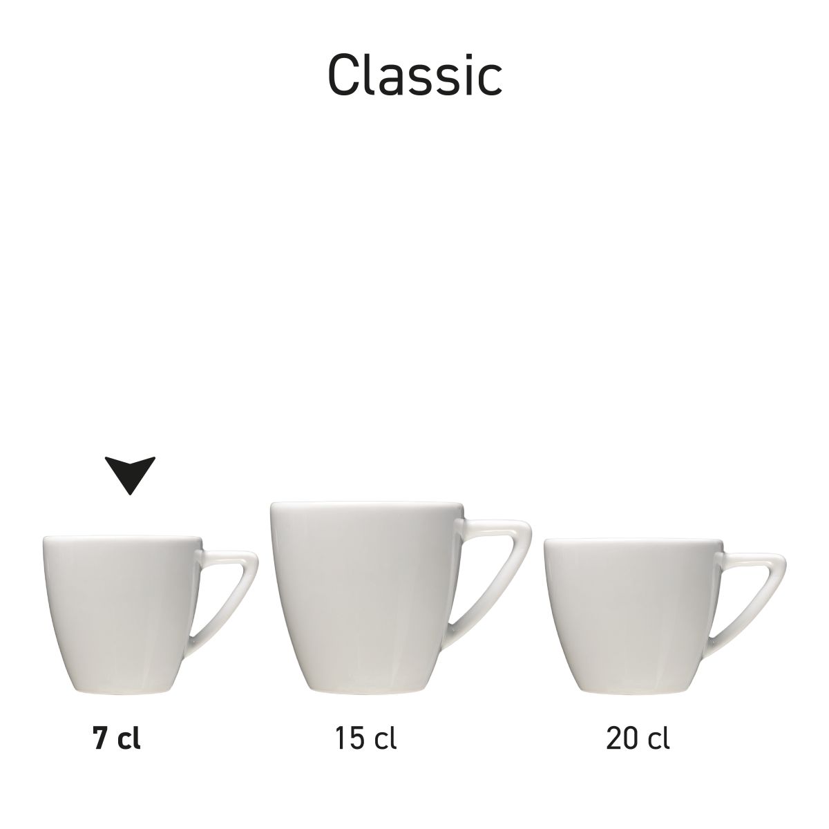 Series Classic Espresso cups in white porcelain, presented in series.