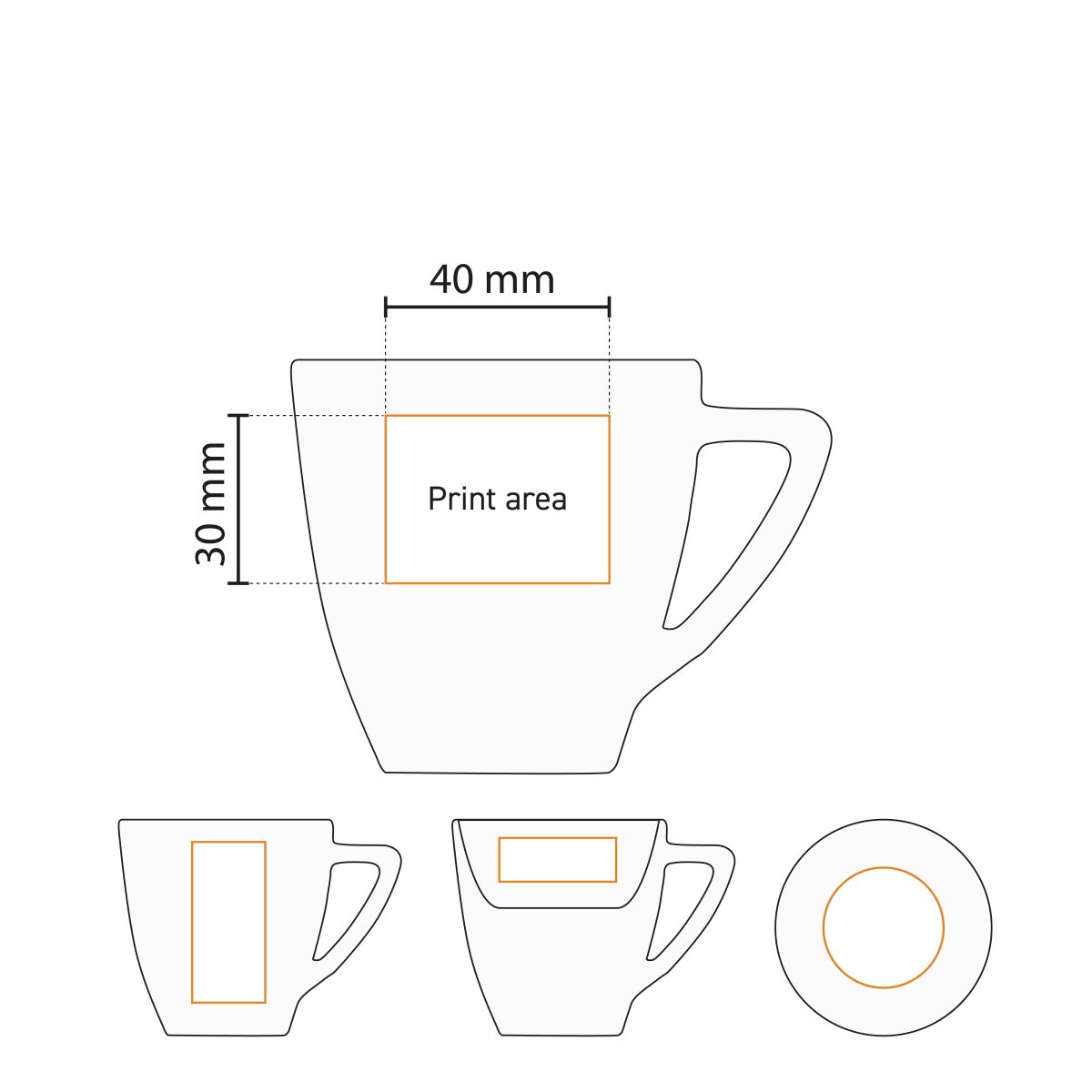 Detailed working drawing shows the printing area of Classic Coffee white 15 cl. SET porcelain.
