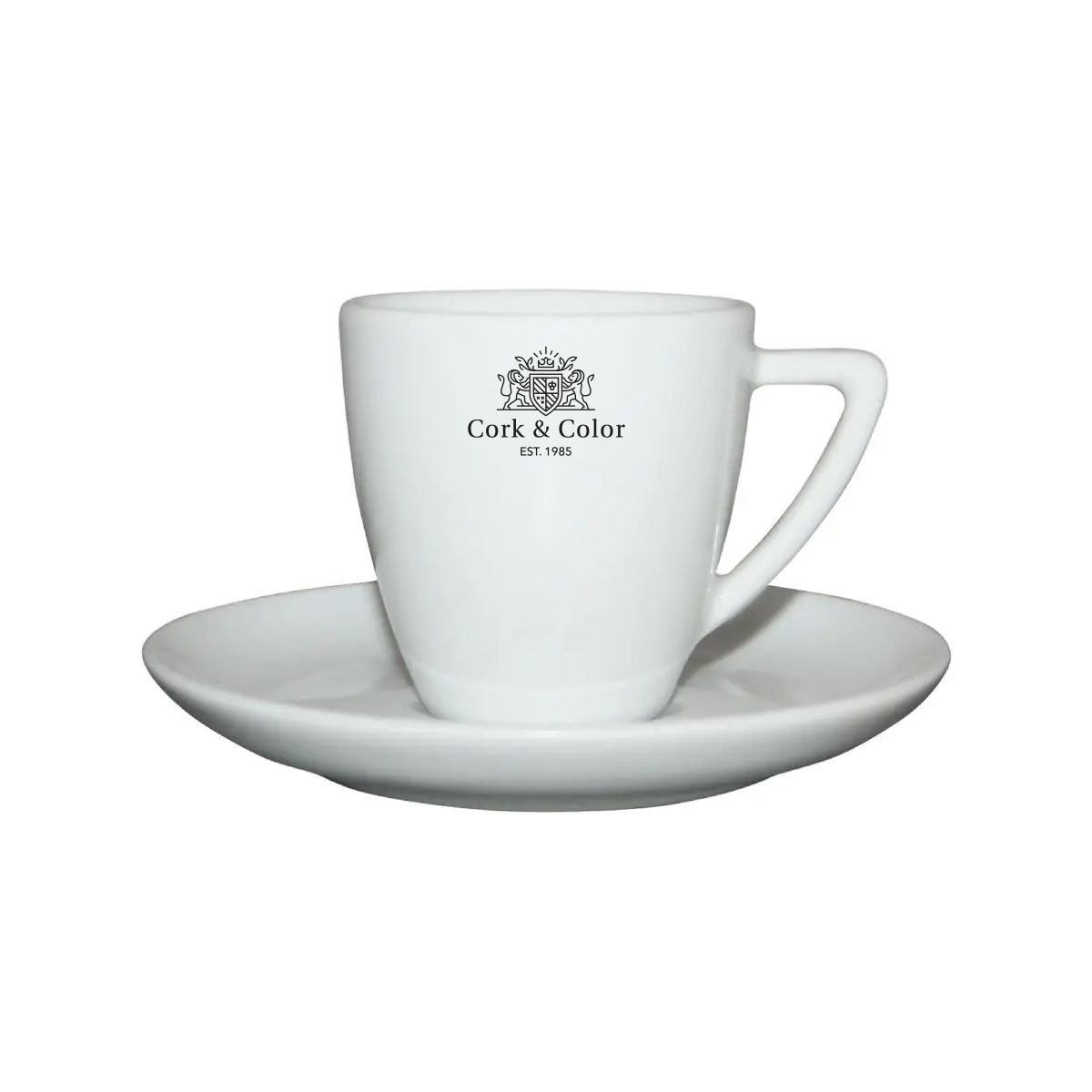 Front of Classic Coffee white 15 cl. set. with one-coloured CorkColor logo on porcelain.