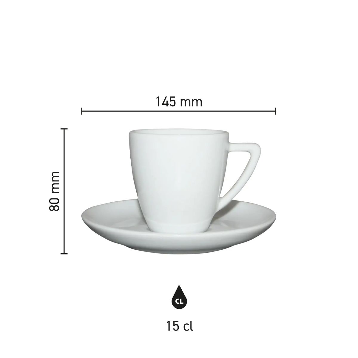Infographic shows technical dimensions of Classic Coffee white 15 cl. SET porcelain in millimetres.