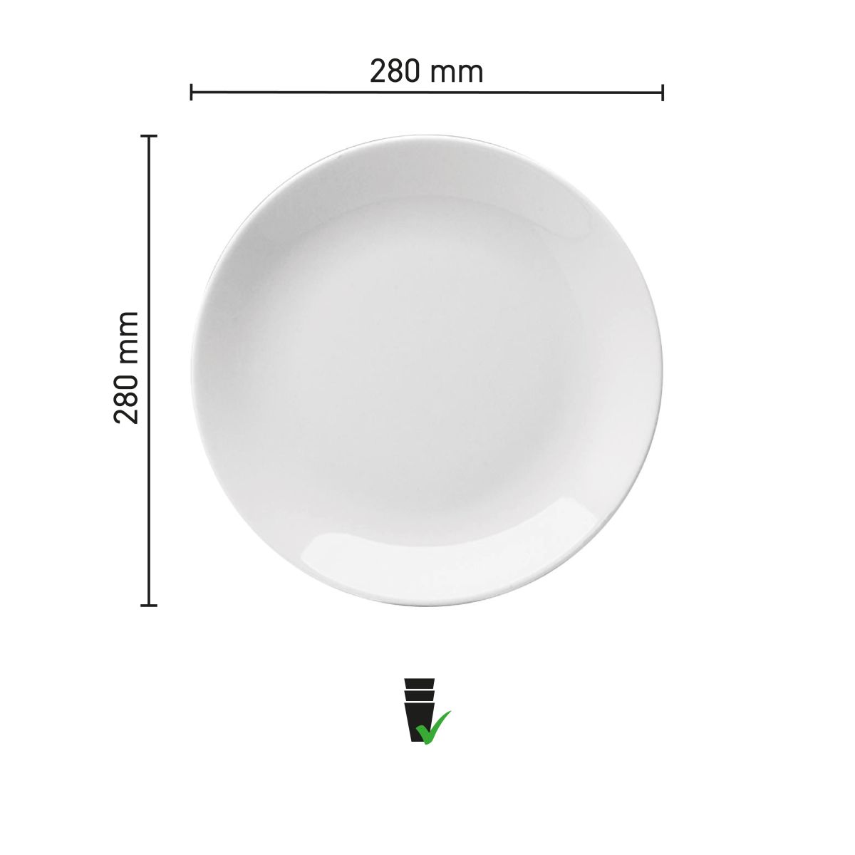Technische infographic geeft de afmetingen van het Coupebord Hotel wit 28 cm weer.