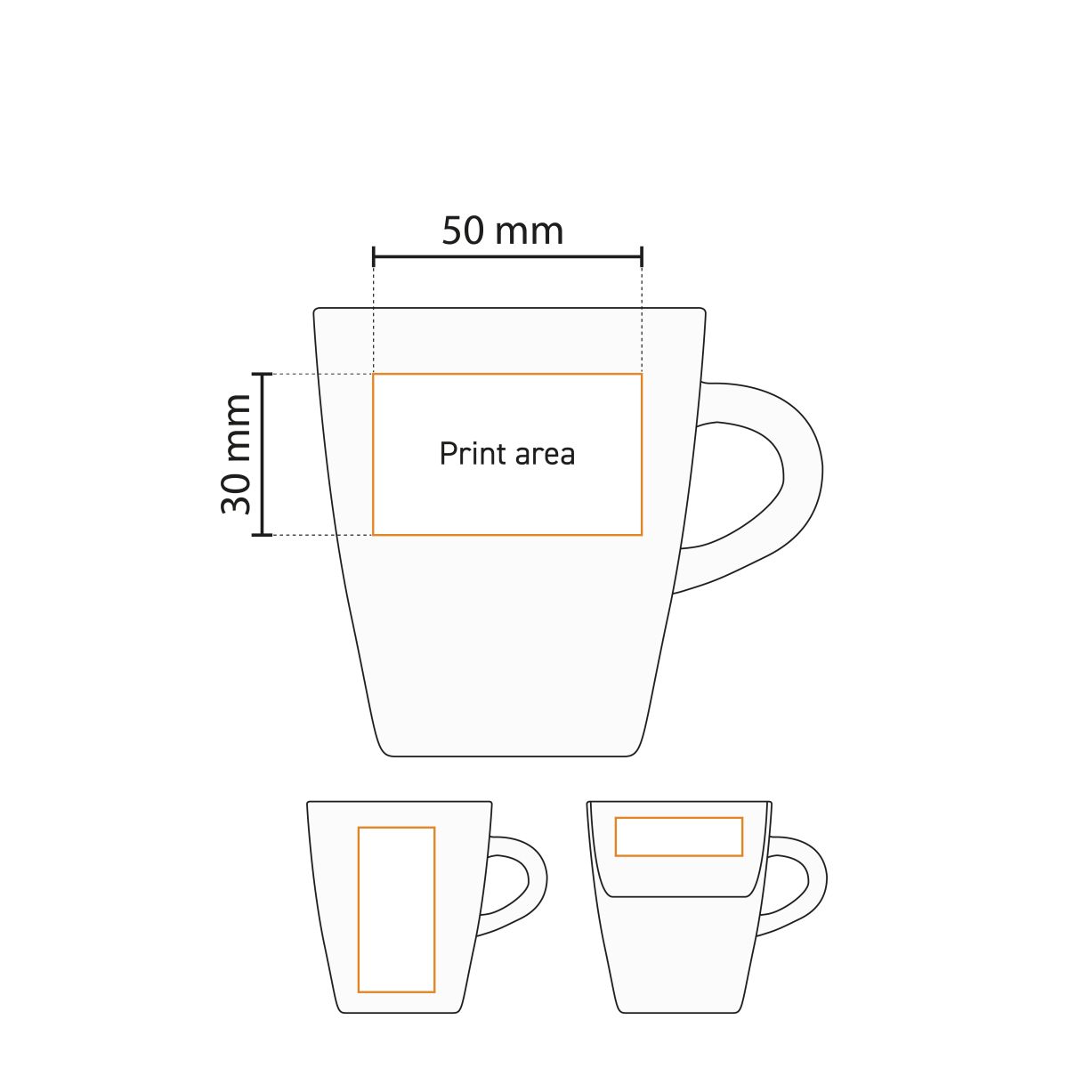 Detailed working drawing shows the printable surface of the Cynthia mug 20 cl.