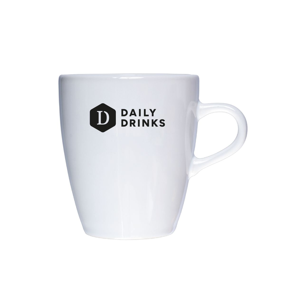 Front of Cynthia mug 20 cl. printed with single-colour DailyDrinks logo on white porcelain.