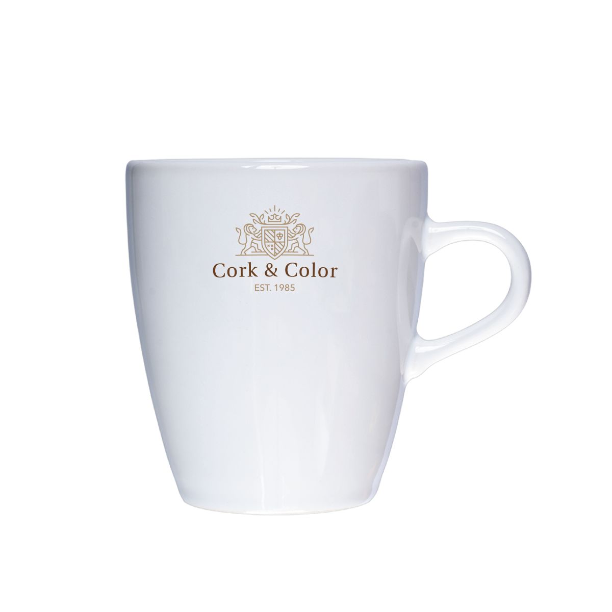 Front view of Cynthia mug 20 cl. printed with colourful CorkColor logo on porcelain.