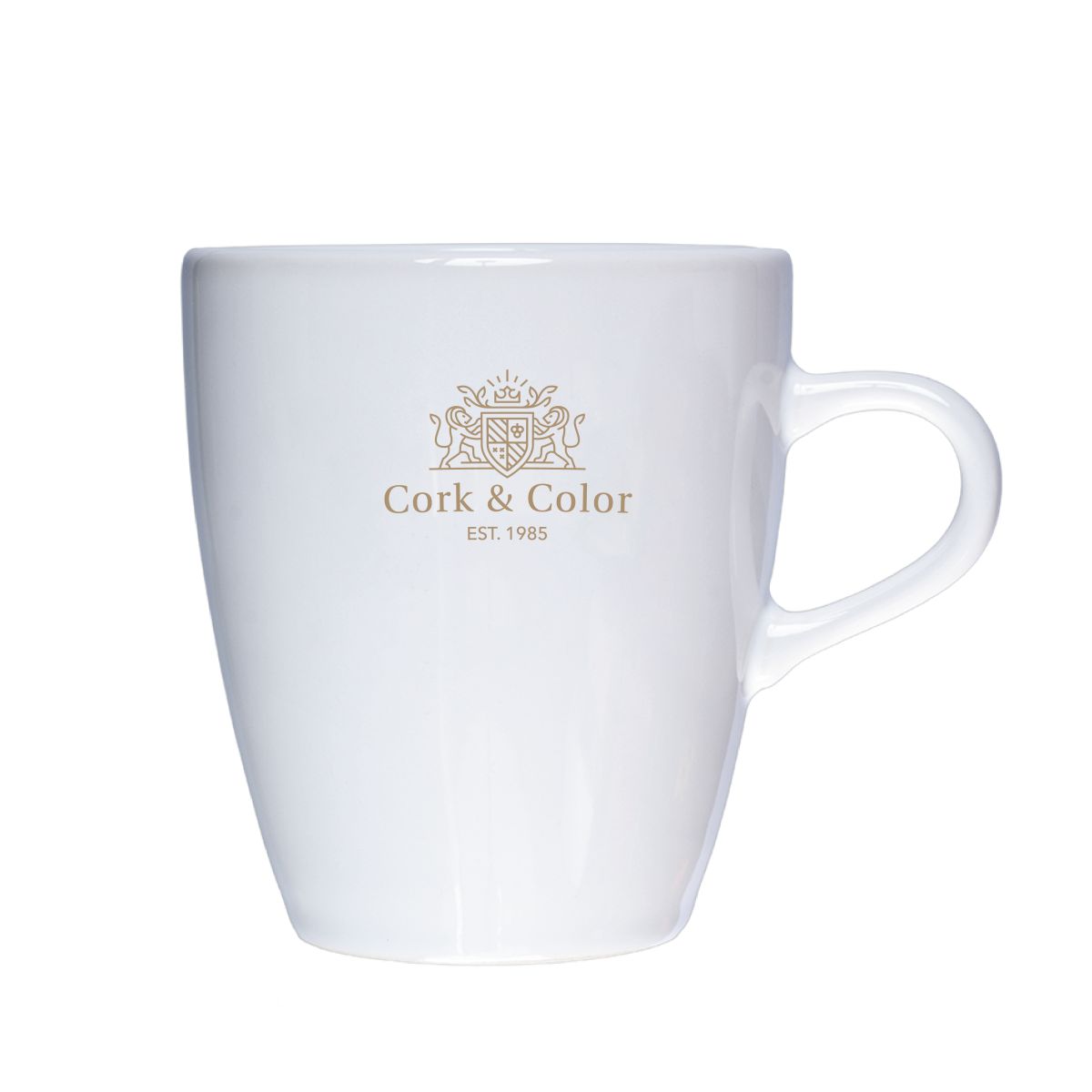 Cynthia mok wit 25 cl. met bedrukt CorkColor-logo in één kleur op het voorvlak van de mok.