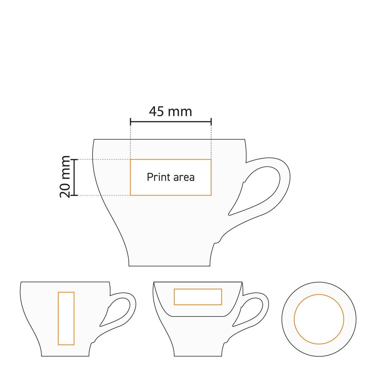 Working drawing with schematic representation of the printing area for logo imprint on the cup.