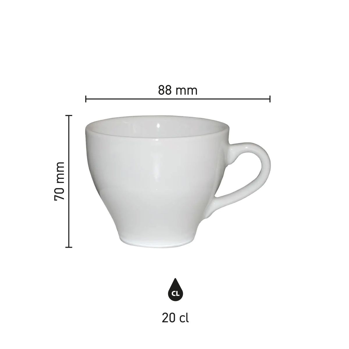Infographic shows technical dimensions of the Dom Cappuccino cup white 20 cl. in millimetres.