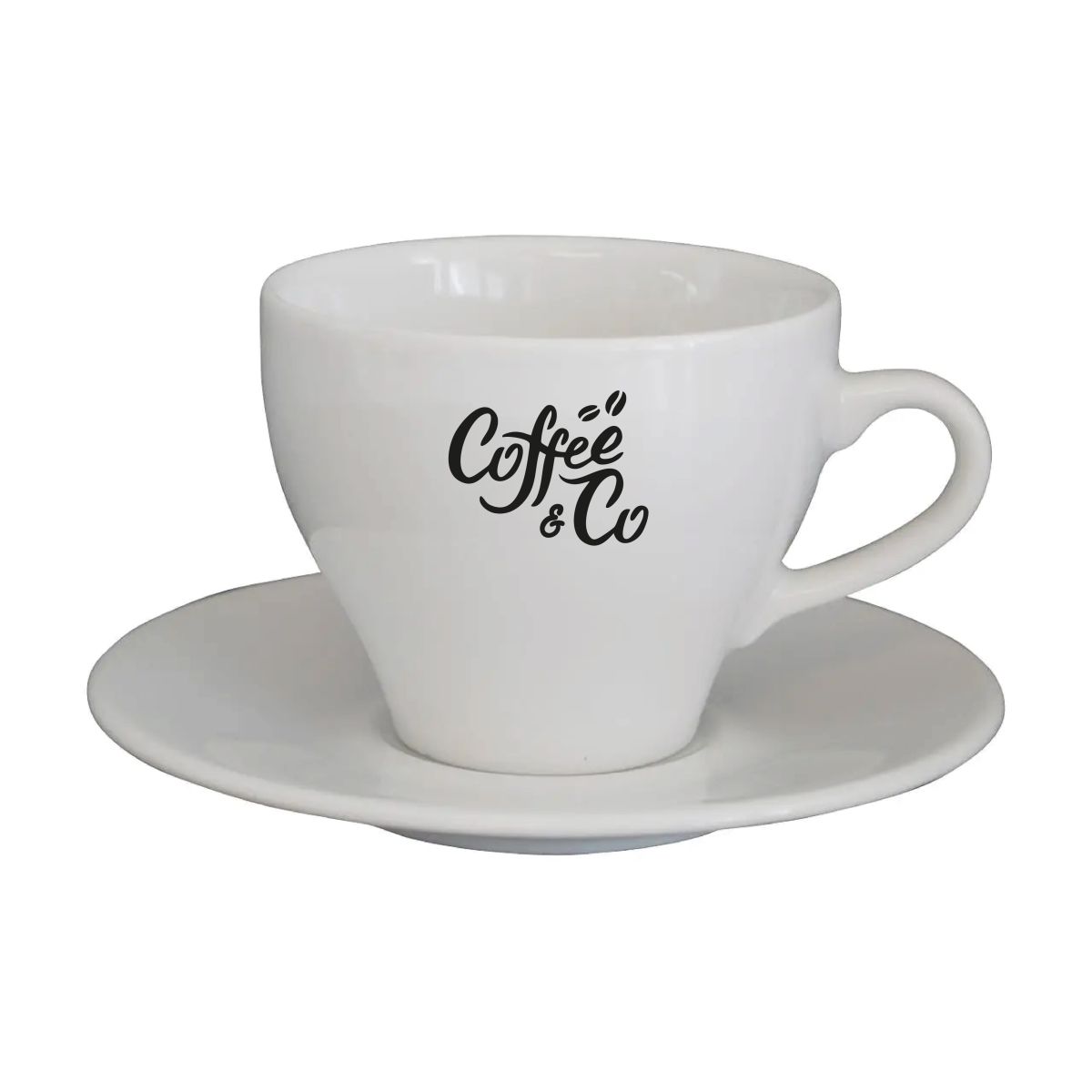 Front of Dom Cappuccino white 20 cl. set printed with one-colour CoffeeCo logo on porcelain.