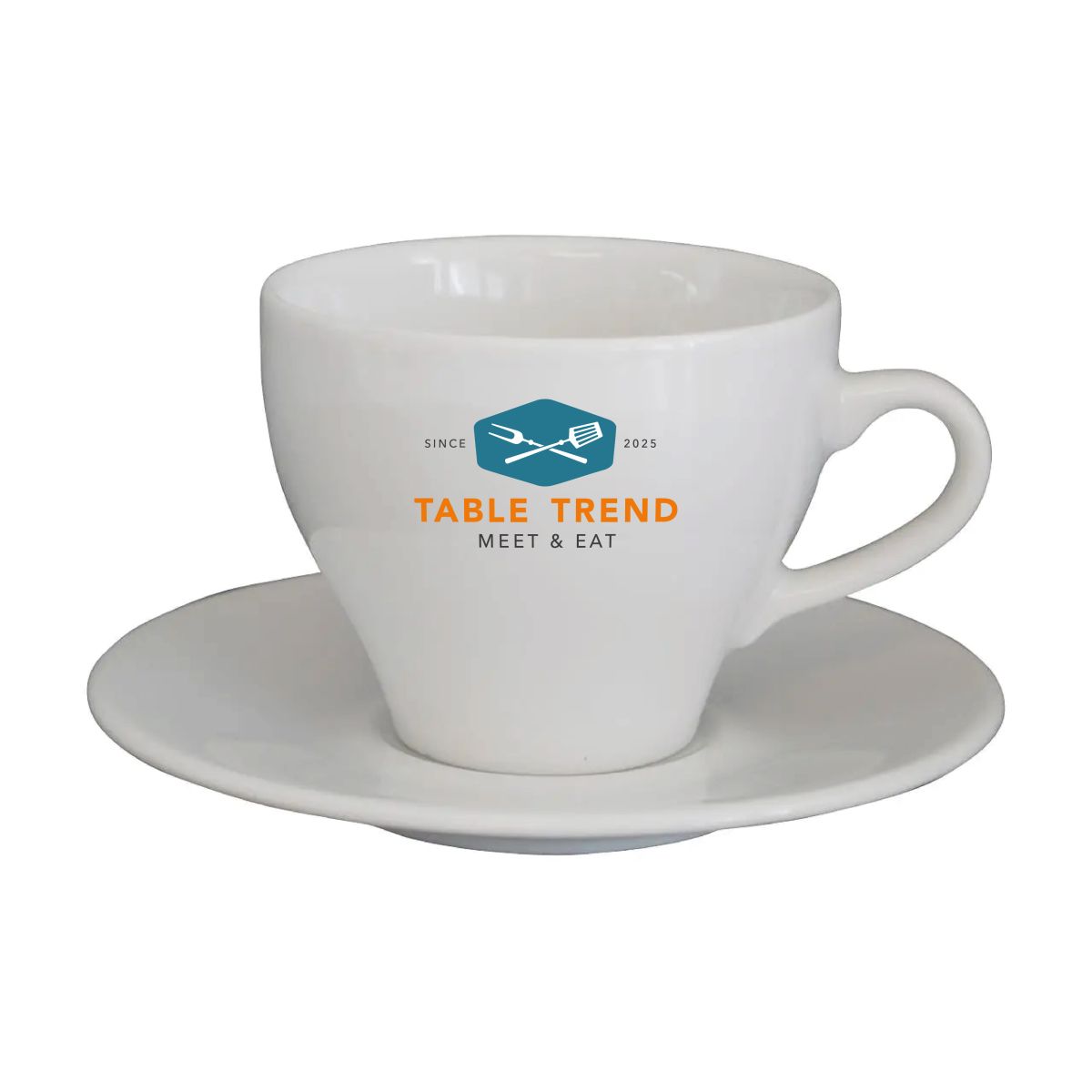 Porcelain Dom Cappuccino white 20 cl. set with multi-coloured TableTrend logo on the front.
