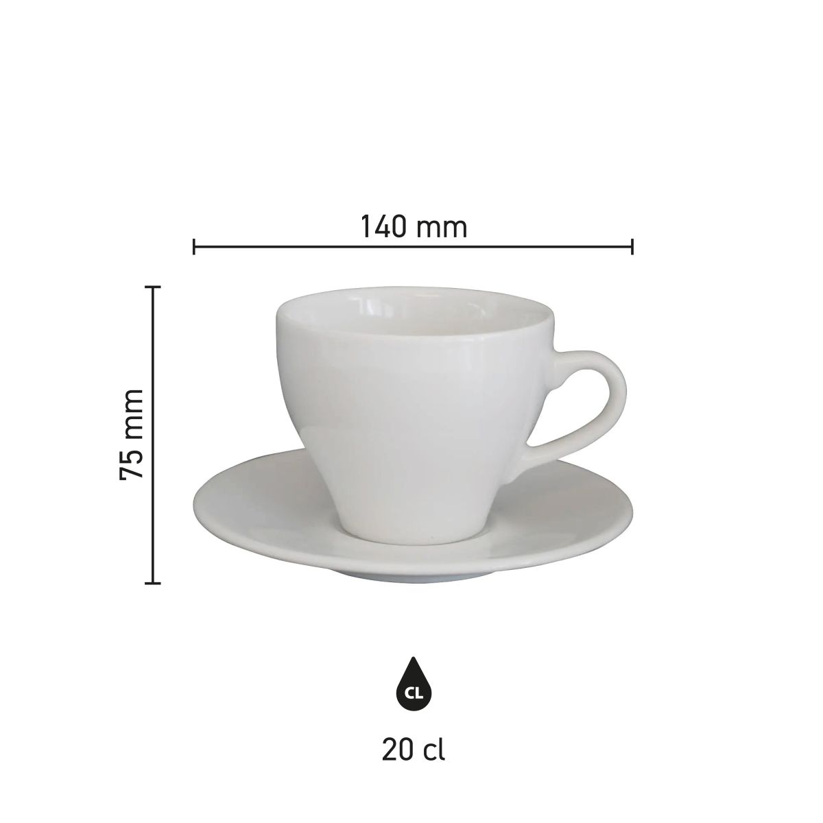 Infographic shows technical dimensions of the om Cappuccino white 20 cl. set porcelain.