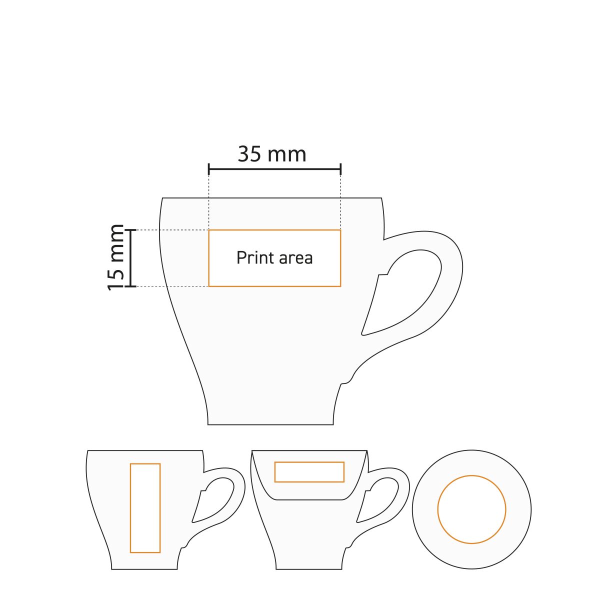 Gedetailleerde werktekening met drukgebied voor logo-opdruk op de Dom Espresso kop 8 cl.
