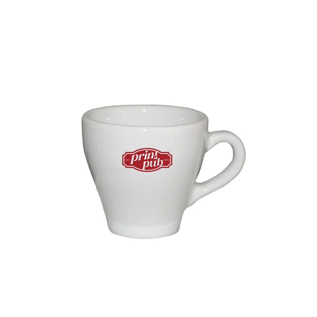 Dom Espresso kop wit 8 cl. voorzien van PrintPub-logo in één kleur op de voorkant van de kop.