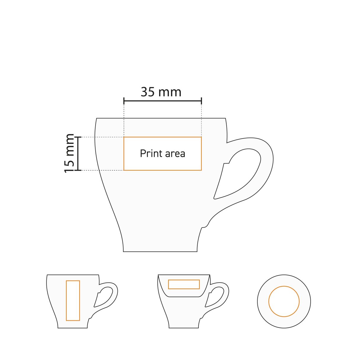 Detailed working drawing shows the printable surface of Dom Espresso cup white 8 cl. from the Dom set.