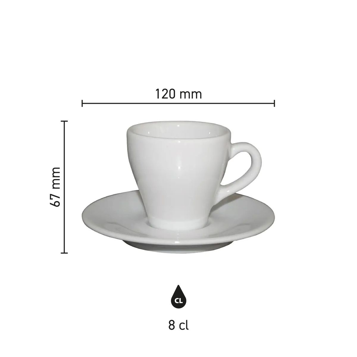 Infographic shows technical dimensions of Dom Espresso white 8 cl. SET porcelain in millimetres.