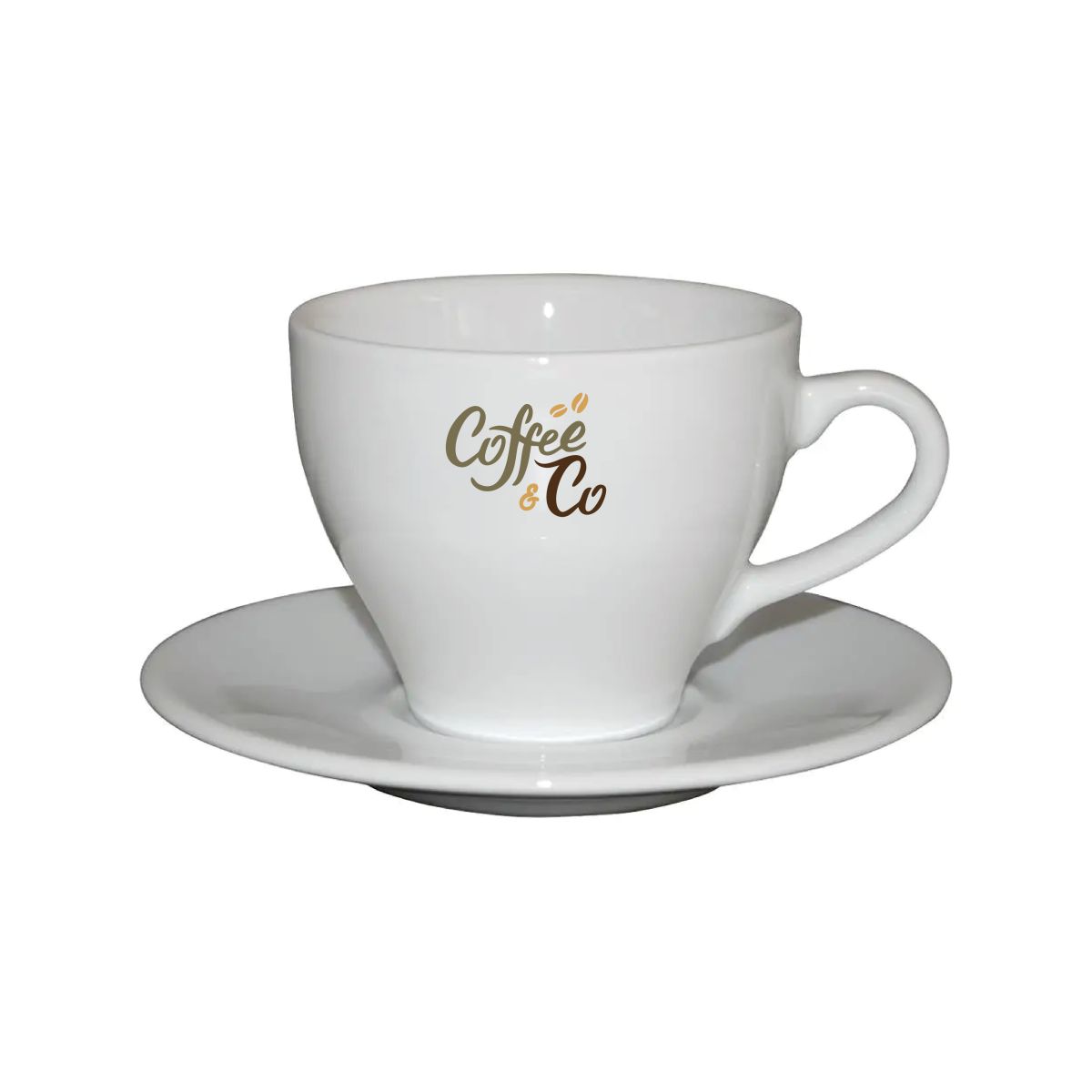 Porseleinen Dom Koffie 15 cl. SET met meerkleurig CoffeeCo-logo op de voorzijde zichtbaar.