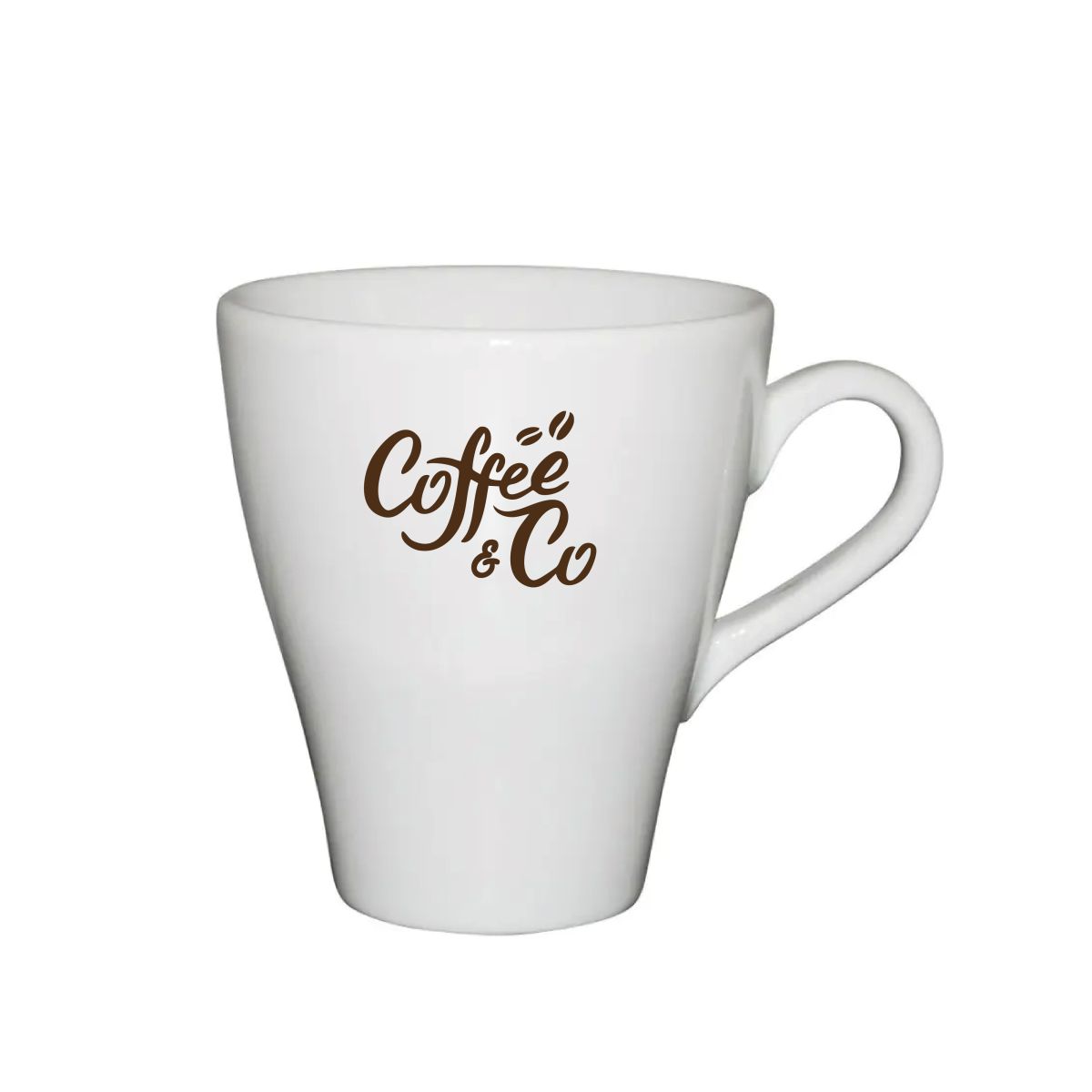 Dom mok 25 cl. met enkelkleurig CoffeeCo-logo bedrukt op de voorkant van het porselein.